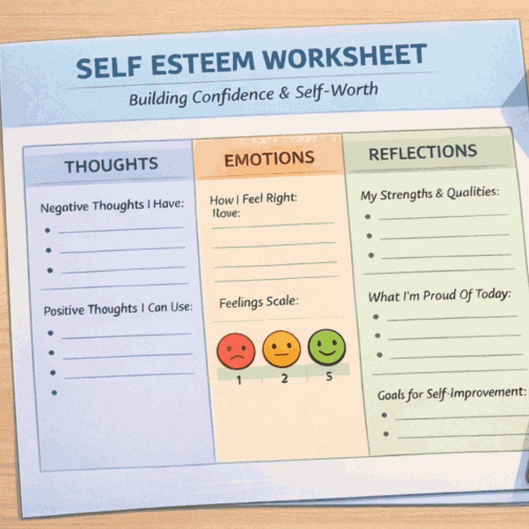 An illustrated worksheet layout with sections for thoughts, emotions, and reflections